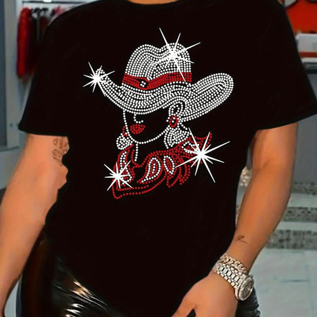 Women's Cowgirl Graphic T-Shirt featuring rhinestone design on black fabric, casual style and slight stretch.
