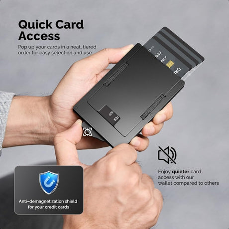 Man holding a sleek men's wallet with quick card access feature, showcasing anti-demagnetization shield.