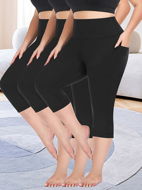 3pcs stretch polyester leggings in solid black, high stretch with pockets, ideal for spring and summer wear.