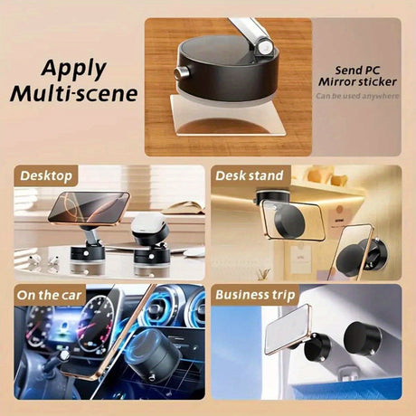 Multi-scene use of foldable magnetic phone holder on desktop, desk stand, car, and during business trips.
