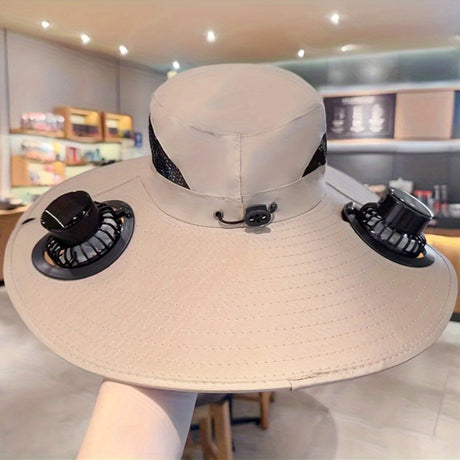 Solar dual fan hat in grey with anti-UV features and USB-powered fans, perfect for outdoor activities.