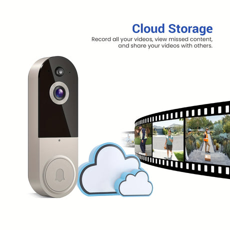Wireless doorbell camera with cloud storage feature, recording videos and sharing content seamlessly.