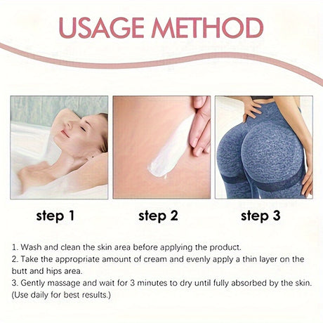 Three-step guide for applying 3 Hyaluronic Hip Cream for moisturizing and skin benefits.