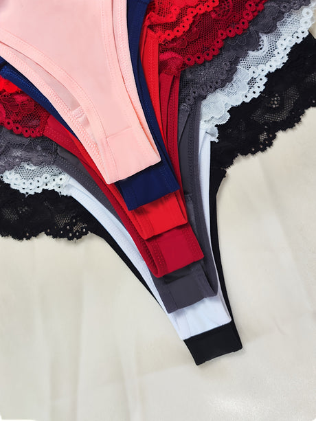 12 women's low-waist thongs in various colors and styles with lace details, showcasing sexy and comfortable design.