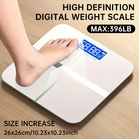 High definition digital weight scale with foot on display, measuring up to 396 lbs, dimensions 26x26cm.