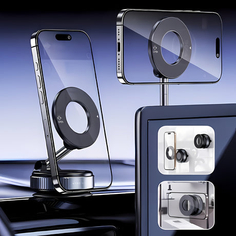 360° rotating magnetic phone holder showcasing its portable and foldable design, ideal for hands-free usage.