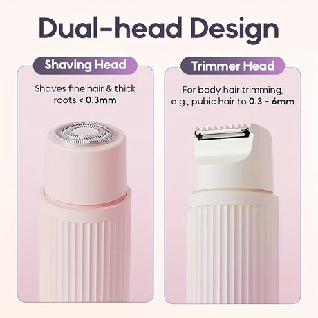 Dual-head electric razor design for women featuring shaving and trimmer heads, ideal for all hair types.