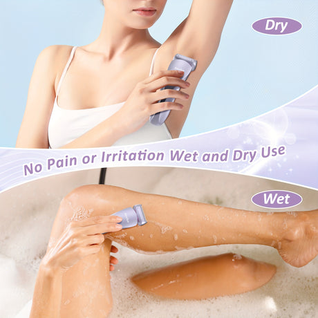Rechargeable electric shaver for women, showing dry and wet use without pain or irritation.