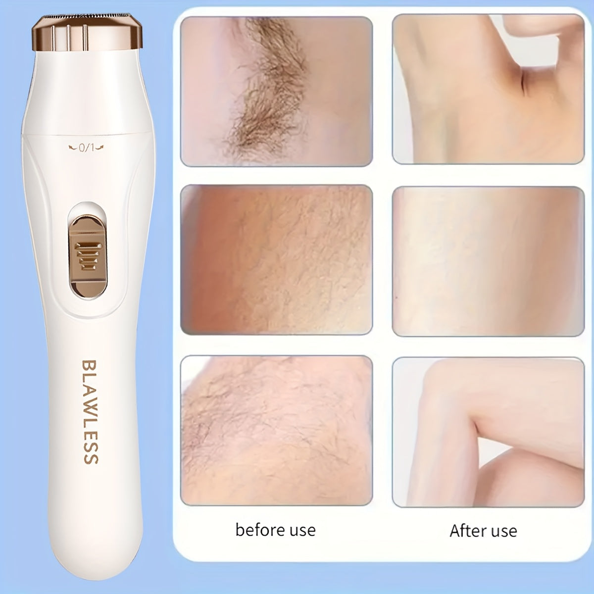 3-in-1 women's electric shaver kit for smooth grooming; rechargeable, USB powered; before and after results.