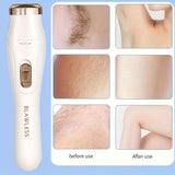 3-in-1 women's electric shaver kit for smooth grooming; rechargeable, USB powered; before and after results.