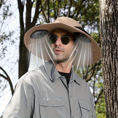 Man wearing Solar Dual Fan Anti-UV hat outdoors, featuring dual fans for cooling and sun protection, ideal for summer activities.