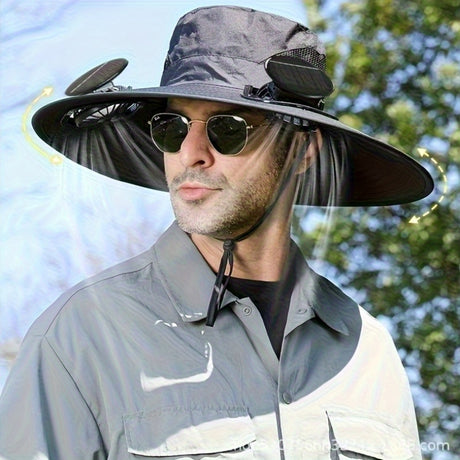 Man wearing a grey Solar Dual Fan Anti-UV hat with sunglasses, enjoying outdoor activities in sunny weather.