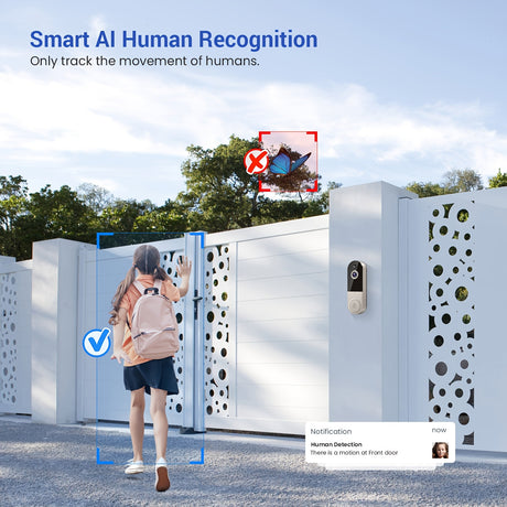 Wireless doorbell camera with smart AI human recognition tracking movement at the front gate.