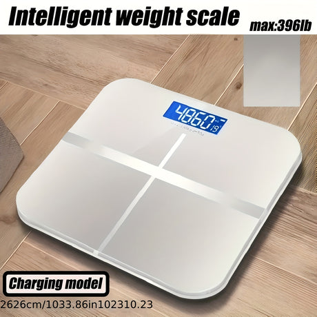 Intelligent electronic weight scale with a digital display, max capacity 396 lb, modern design, and charging model.