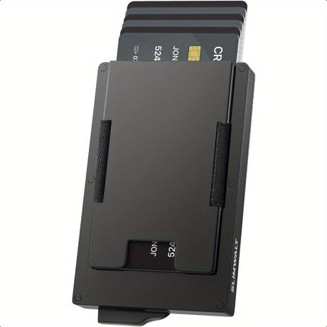 Men's aluminum alloy wallet with magic card slot, securely holding multiple cards with a sleek and simple design.