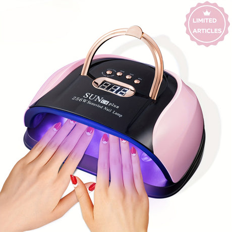 Nail curing light with digital display and UV lamps, ideal for gel nails, in stylish pink and black design.