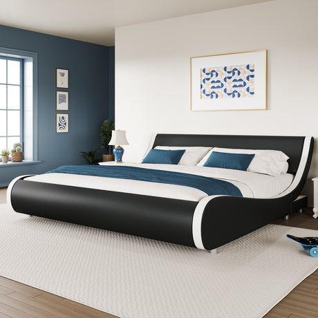 WEEWAY modern platform bed frame in black and white, featuring a sleek design and contemporary style, set in a stylish room.