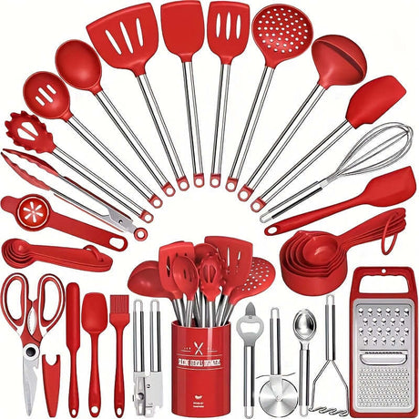 34pcs red silicone kitchen utensils set by SKROAM featuring various tools and storage container, perfect for cooking and baking.