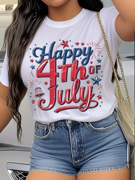 Women's white cotton t-shirt featuring a festive 'Happy 4th of July' print with stars and fireworks design.
