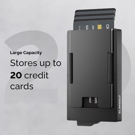 Men's wallet with a magic card slot, large capacity for up to 20 credit cards, sleek aluminum design.