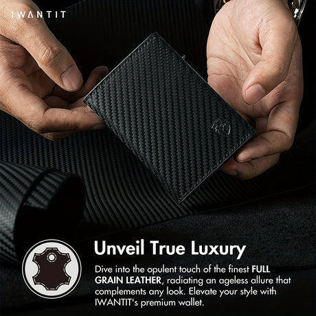Men's minimalist black leather wallet by IWANTIT, featuring RFID protection and a slim design for style and security.