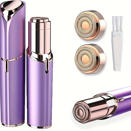 USB rechargeable mini hair trimmer for women in purple with accessories, stainless steel blades, ideal for facial hair removal.