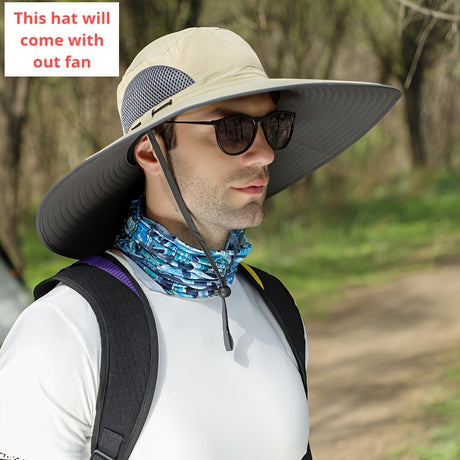 Sporty men's sun hat with wide brim and adjustable chin strap, designed for outdoor use, shown without fan attachment.