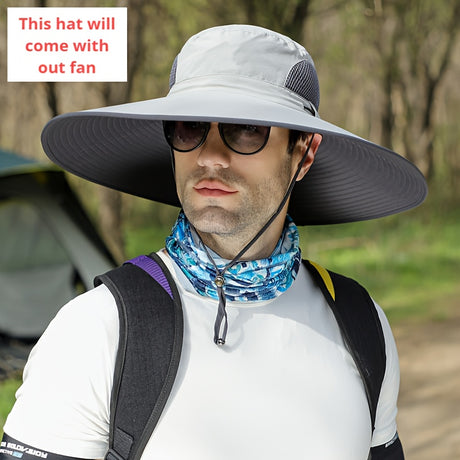 Sun hat for men featuring a wide brim, sunglasses, and a cooling neck gaiter in an outdoor scene.