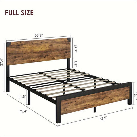 Full size bed frame with metal structure and vintage wood finish dimensions 53.9" x 75.4", ideal for modern bedrooms.