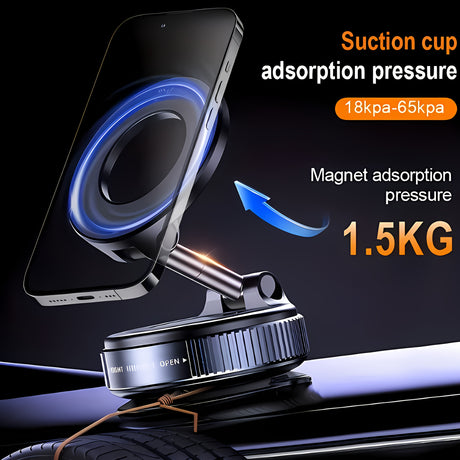 Close-up of a 360° rotating magnetic phone holder showcasing its suction cup and magnet adsorption pressure features.