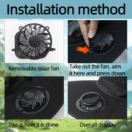 Installation steps for removable solar fan in cap, showcasing the fan, placement, and overall display.