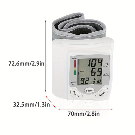 Automatic wrist blood pressure monitor by CHANG KUN with LCD display and adjustable cuff for accurate readings.