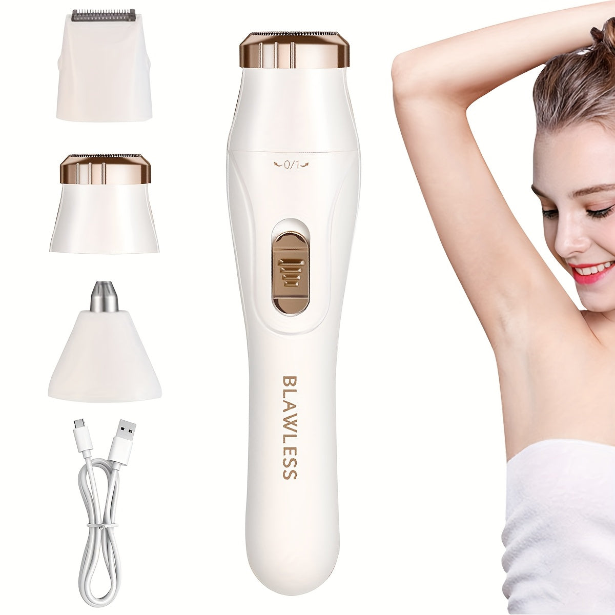 3-in-1 women's electric shaver kit with rechargeable battery, USB powered, suitable for smooth underarm grooming.