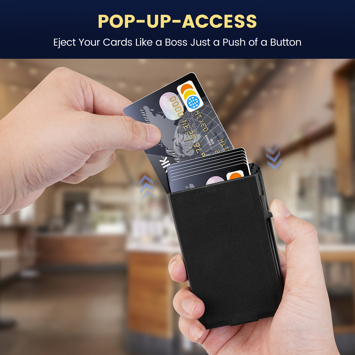 Hand holding a slim RFID blocking wallet with cards ejecting, showcasing pop-up access functionality.