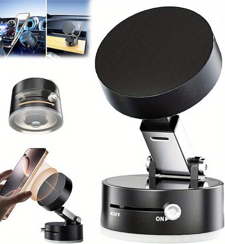 Foldable magnetic phone holder for hands-free support in vehicles, adjustable and easy to use, made of stainless steel.
