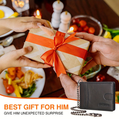 Hands exchanging a wrapped gift with a bifold wallet and food in the background, perfect as a surprise gift for him.