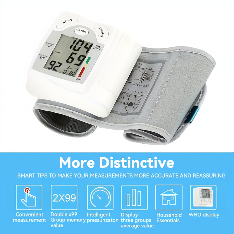 Automatic wrist blood pressure monitor displaying measurements with user-friendly interface and intelligent features.