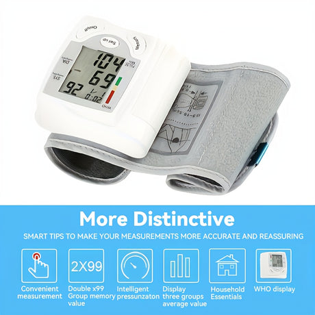 Automatic wrist blood pressure monitor displaying measurements with user-friendly interface and intelligent features.