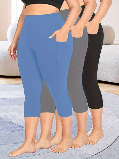 3pcs stretch polyester leggings in blue, gray, and black with pockets, perfect for spring and summer workouts.
