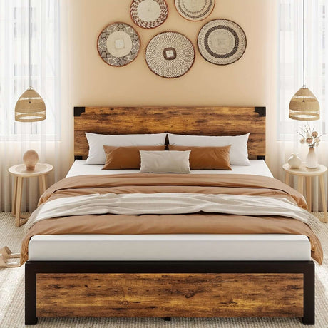 Vintage metal bed frame in a cozy room, featuring brown and white bedding with decorative wall art.