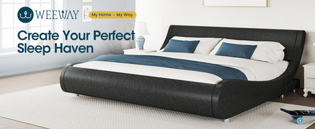 WEEWAY modern platform bed frame in contemporary design with faux leather finish for a perfect sleep haven.