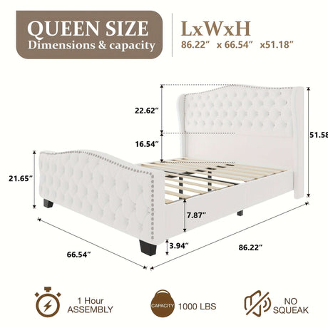 Queen size bed frame dimensions 86.22"L x 66.54"W x 51.18"H; 1000 lbs capacity; easy 1 hour assembly.