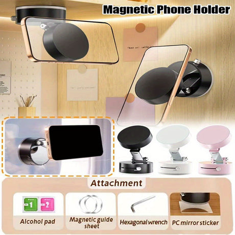 Foldable Magnetic Phone Holder with hands-free support, featuring adjustable attachments and stylish design options.