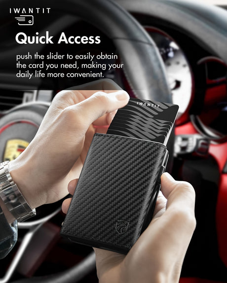 Men's minimalist leather wallet with quick access slider for cards, designed for convenience and everyday use.