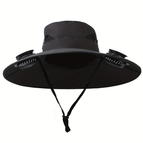 Black solar fan cap with woven design, featuring built-in USB-powered fans for cooling.