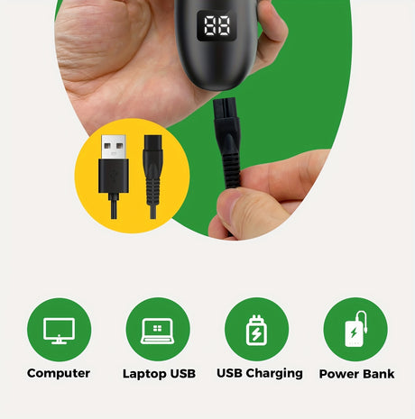 Professional body hair trimmer with USB charging options: computer, laptop and power bank for convenient power source.