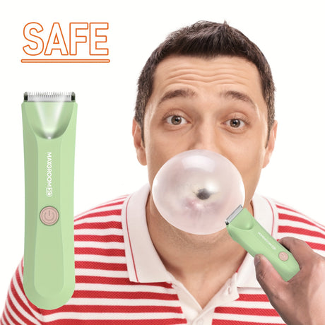 Body hair trimmer for men and women, featuring a rechargeable battery and safe design, used for grooming.