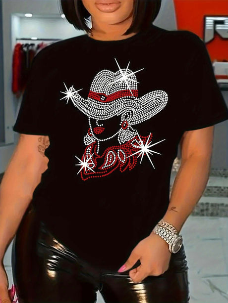 Women's cowgirl graphic t-shirt with rhinestone design, casual style, crew neck, perfect for all seasons.