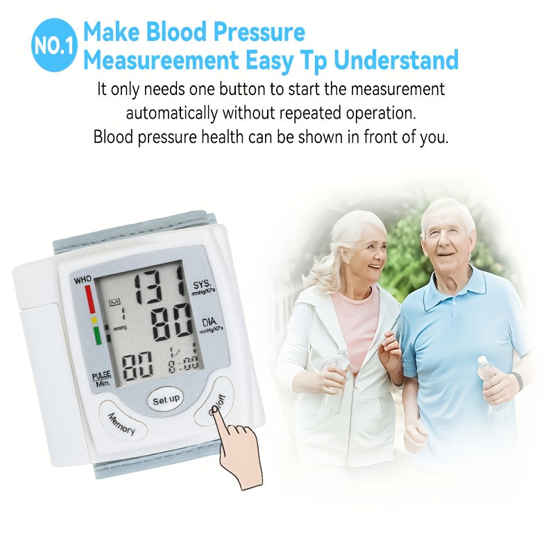 Automatic wrist blood pressure monitor with easy one-button operation for effortless health tracking.