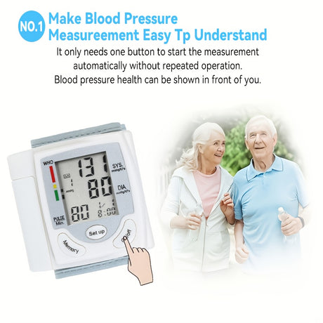 Automatic wrist blood pressure monitor with easy one-button operation for effortless health tracking.